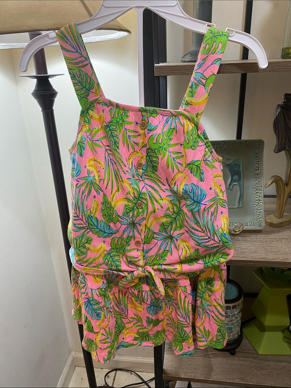 Cynthia Rowley Pink Tropical-Print Romper with Green Leaf Motif